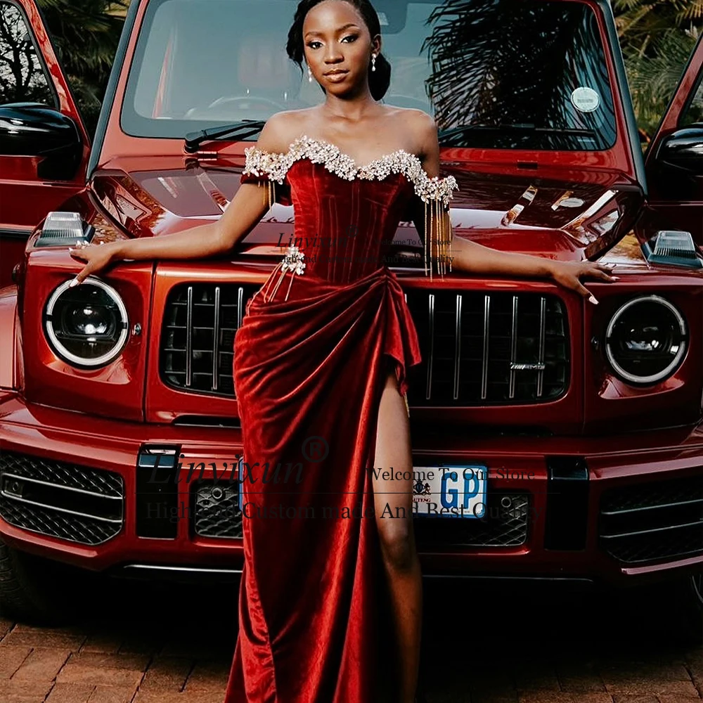 Elegante Fluwelen Galajurken 2026 Zijsplit Zeemeermin Kristal Nieuwjaar Partij Jassen Vrouw Aanpassen Off Schouder vestidos de festa