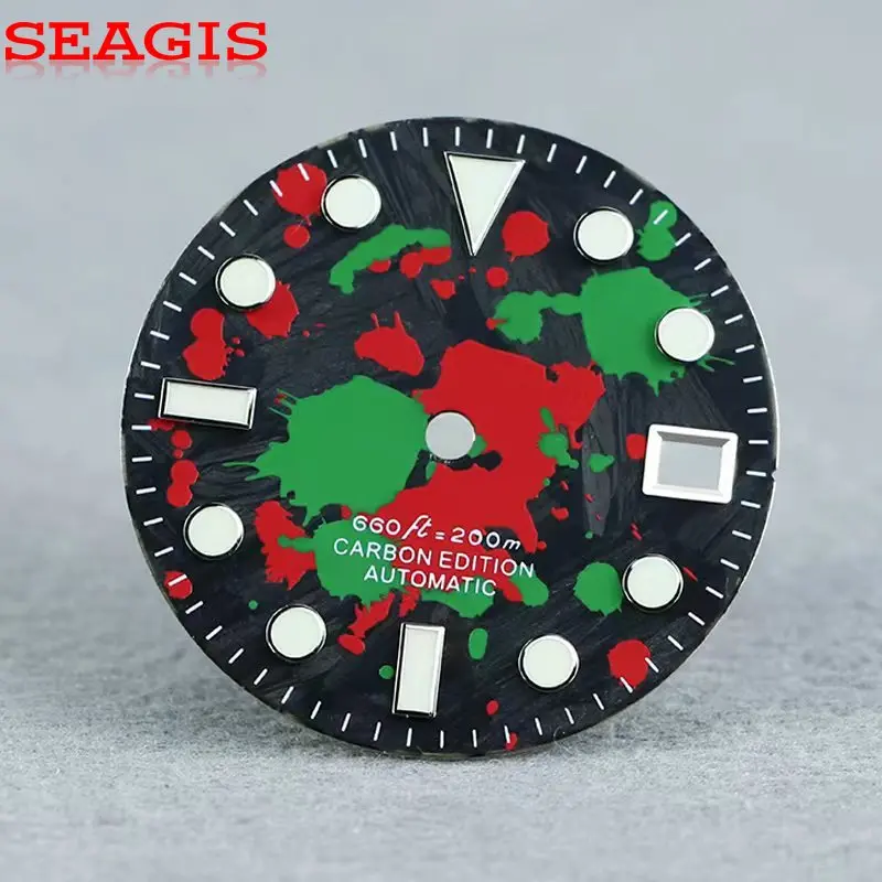 Seagis padrão de cor mostrador de fibra de carbono 28.5mm bgw9 c3 lume nh35 mod sem logotipo para sub mariner relógio rosto acessórios