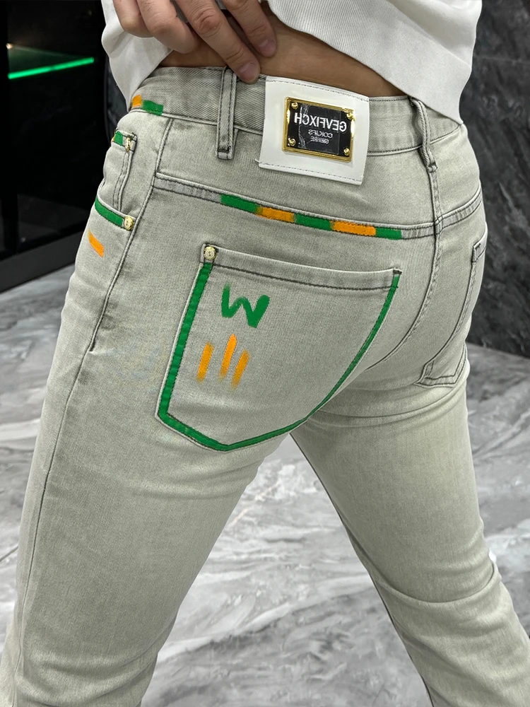 

Summer New Hand-Painted Graffiti Slim Fit Jeans Men Fashionable Youth Straight Leg Pants Small Footed Light Colored Jeans