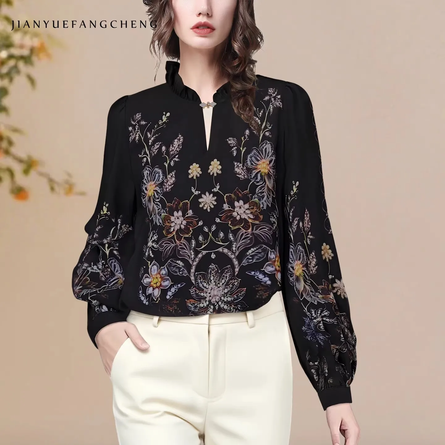 

Women Spring Summer Floral Printed Chiffon Blouse Loose Plus Size Lantern Sleeve Stand Collar Casual Pullover Tops Shirts