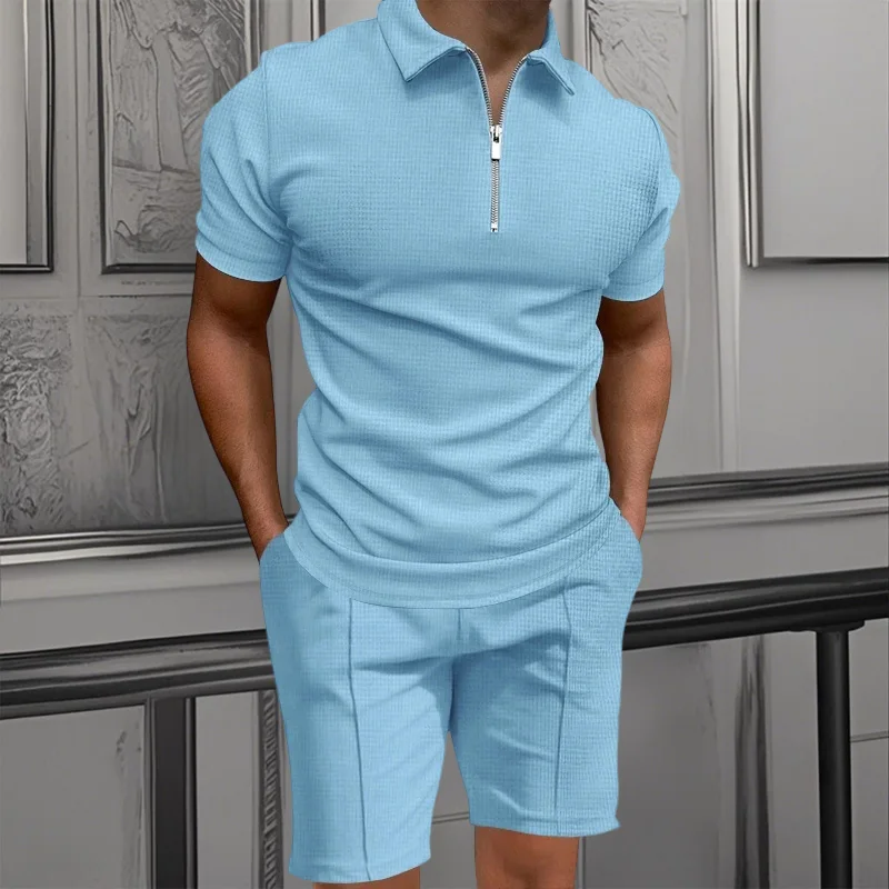 2025 Men's American European Summer Waffle fabric solid color zipper short sleeve set shorts two sets in a variety of colors