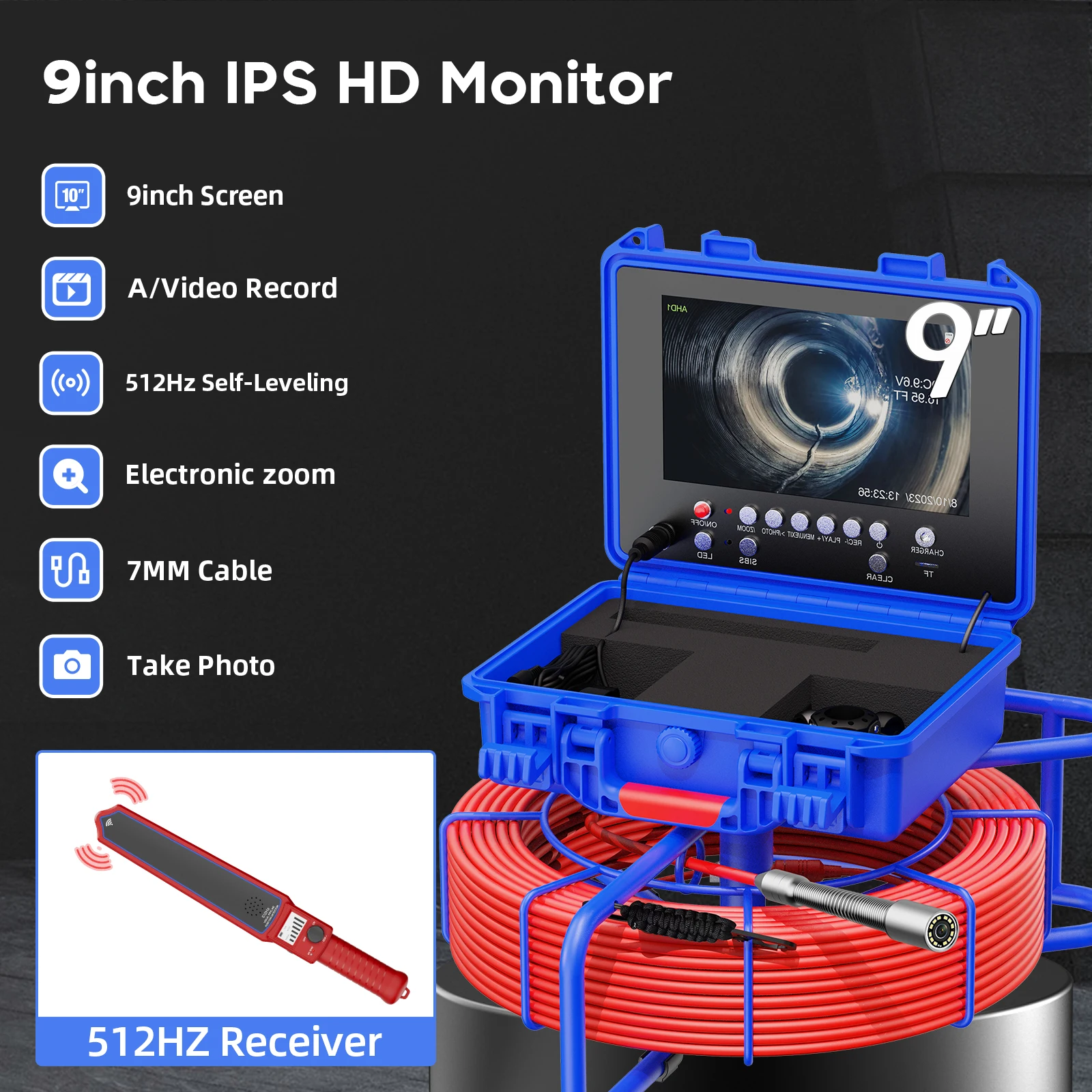 ​ 9 Polegada ips 1080p câmera de esgoto 23mm auto-equilíbrio ultra-clara câmera de inspeção de drenagem com 512hz 1080p 4500mah 7mm cabo