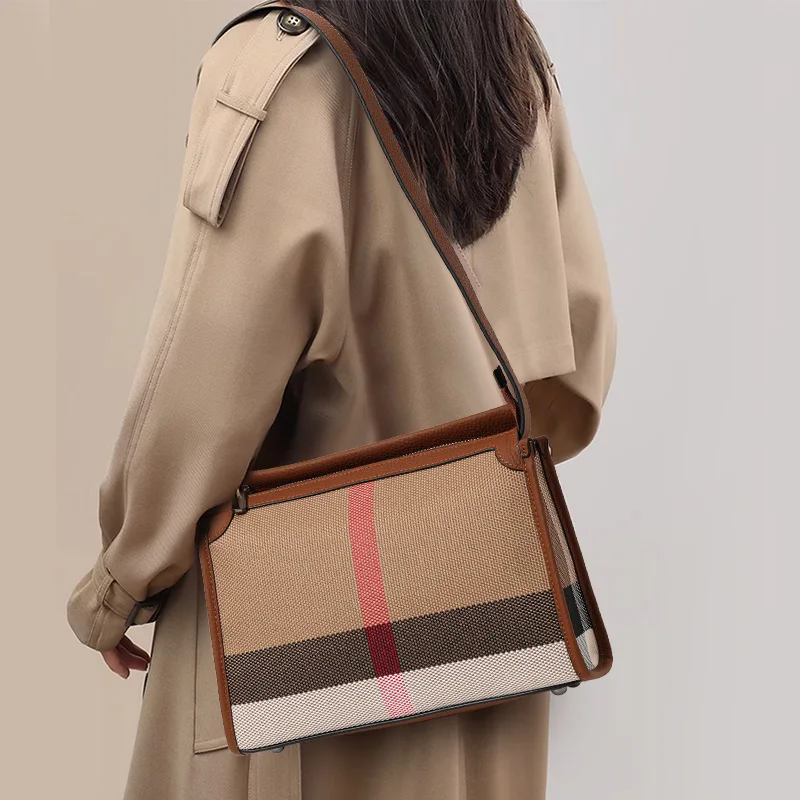 Aidanni Women's Bags 2026 New Style High-Grade Plaid Canvas Bag Large Capacity Shoulder Crossbody Bag for Women and Mothers