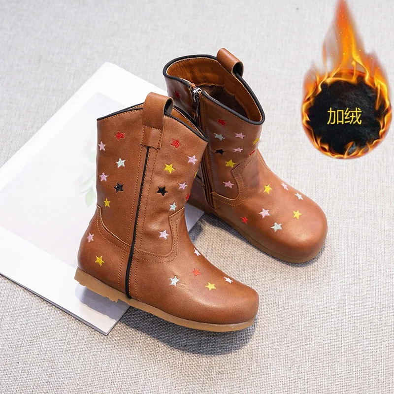 Children Brown Cowboy Boots Star Western Knee High Shoes Cowgirl Vintage Embroider Botte Girls Side Zipper Boot Winter