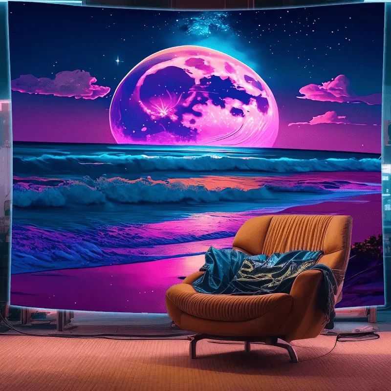1pc  de Luz Negra  Reactivo UV Luna Naciente Sobre el Mar  Estético Misterioso Bohemio Colgante de Pared pa
