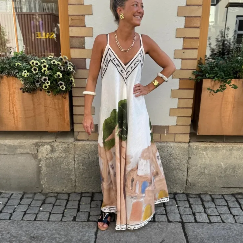 

Bohemian Casual Women's Dress Summer Print V-neck Sleeveless Suspender A-line Big Hem Floor-length Dress Beach Seaside Vacation