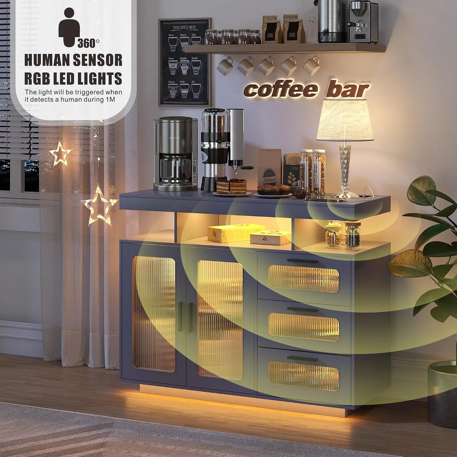 Coffee Bar Cabinet with Charging Station & RGB Lights, Home Kitchen Storage Organizer with Adjustable Shelves, Customized image 4