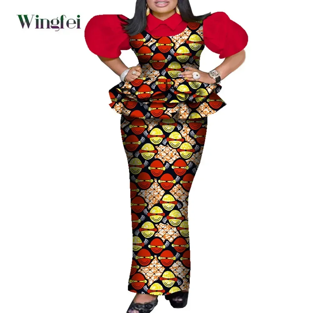 African Clothes for Women Fashion 2 Pieces Set Floral Print Pleat Top and Robe Skrit Dashiki Party Outfit Puff Sleeve WY8053