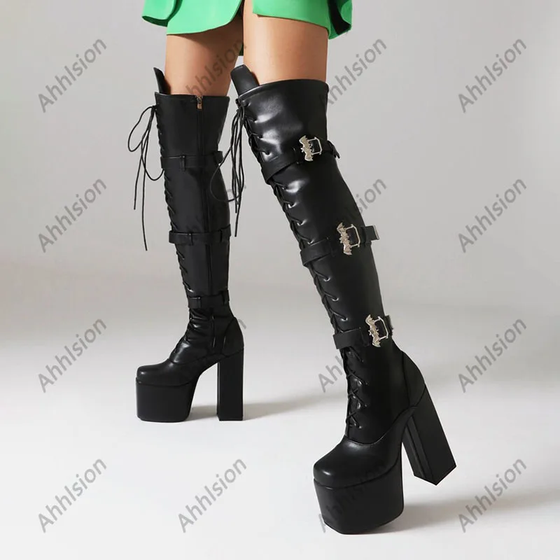 Ahhlsion Women Handmade Winter Over Knee Boots Buckle Strap Chunky Heels Square Toe Black Street Shoes Ladies US Plus Size 5-16