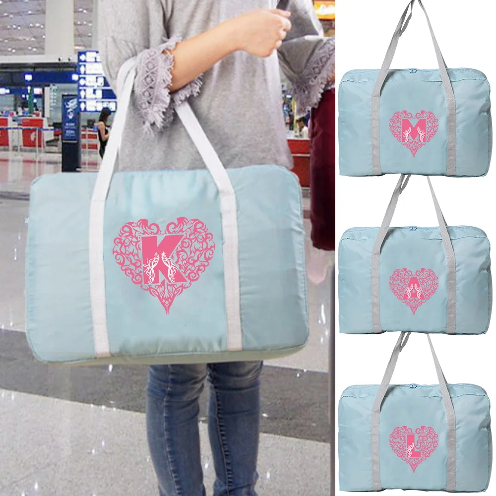 

Handheld Travel Bag with Heart-shaped Letter Pattern Printed Neutral Lightweight Large Capacity Foldable Handbag