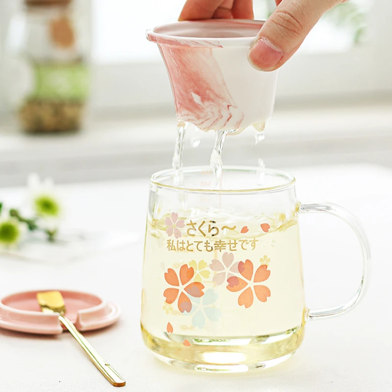 

Japanese Transparent Cherry Blossom Cup 500ml Mug Glass with Tea Infuser Filter Lid Cup Set Flower Teacup Heat Resistant Glasses