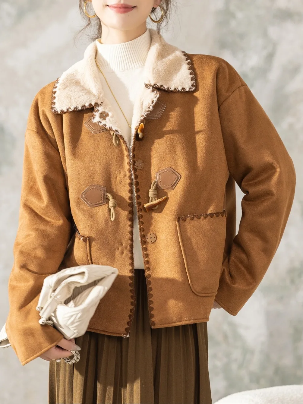 

Brown Suede Jaet Women's Retro Sle Loose Fit Long Sve Coat Collar up Eco Friendly Artificial Fur Autumn Winter New Arr...