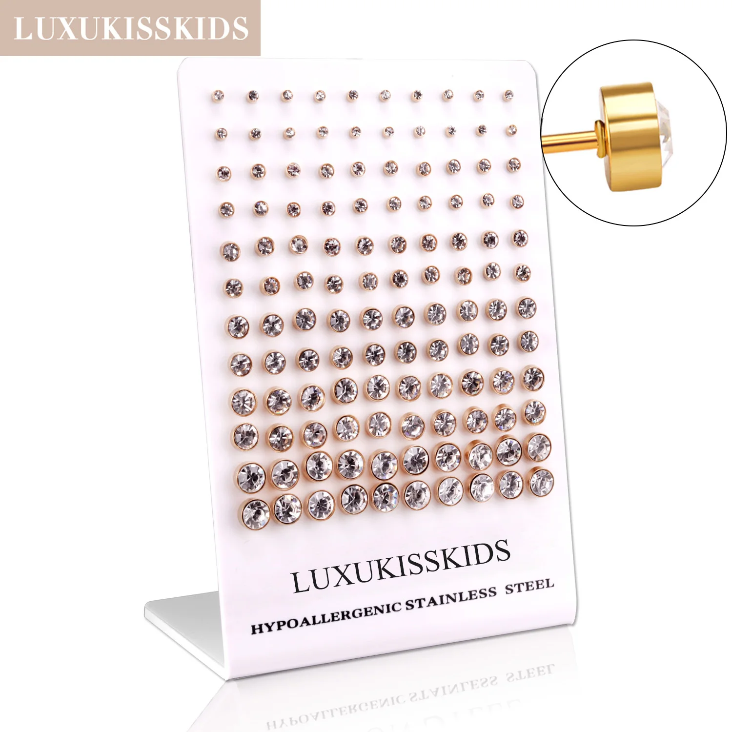 

LUXUKISSKIDS Luxury 60paris/Lots AAA Cubic Zircon Stud Earrings Set Clearly Round Stone Black Gold Stainless Steel Free Shipping