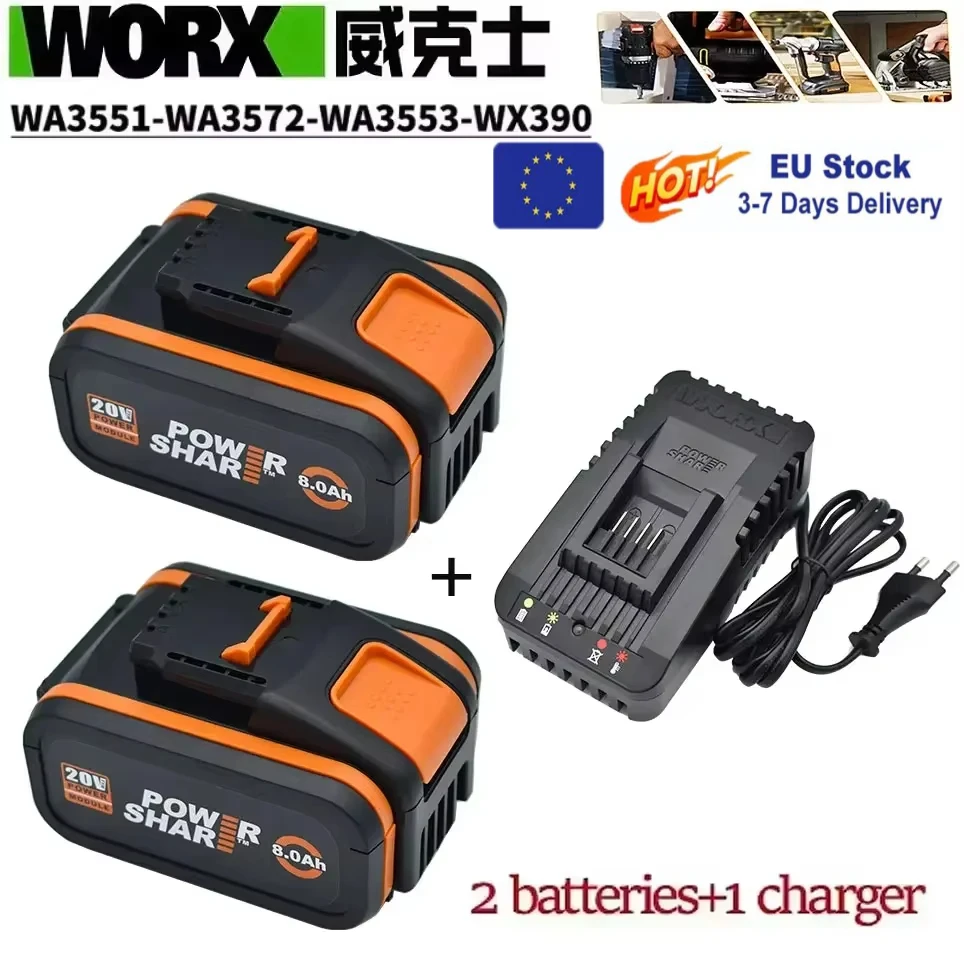 Worx Original 20 V 8,0 Ah Lithium-Akku wiederaufladbar WA3553 WA3551 WA3553.1 WA3570 für alle WORX-Elektro- und Gartengeräte