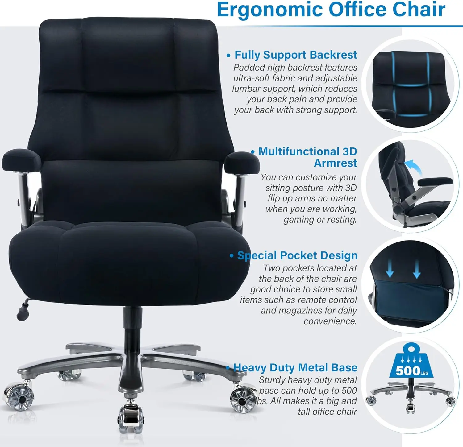 Big and Tall Office Chair 500lbs- Executive Desk Chair with Adjustable Lumbar Support 3D Flip UP Arms- Heavy Duty Quiet Wheels M