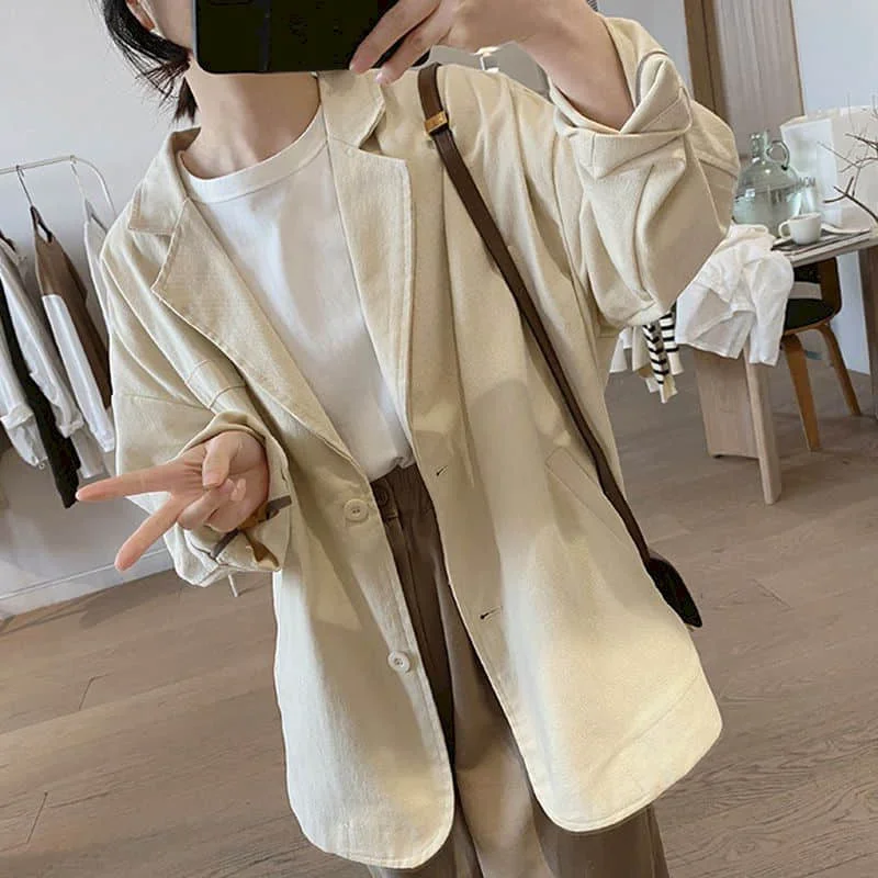 Cotton Blazers for Women Long Sleeve Casual Jackets Korean Style Outerwears Vintage Oversized Solid Workwear Coats Women Tops