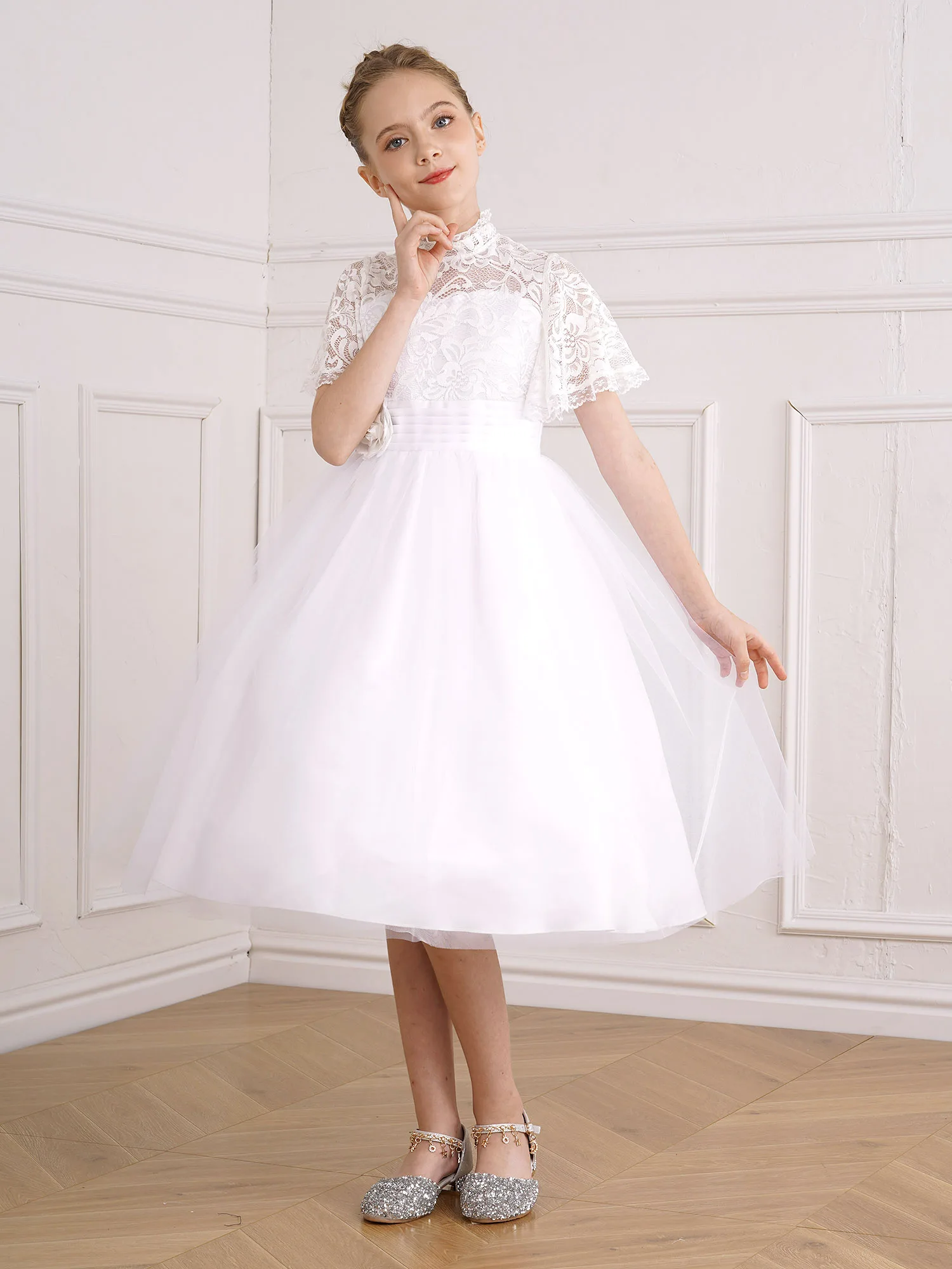 Children Wedding Flower Girls Gown Flare Sleeve Brooch Elegant Tulle Lace Party Dress for Bridesmaid Birthday Prom Evening