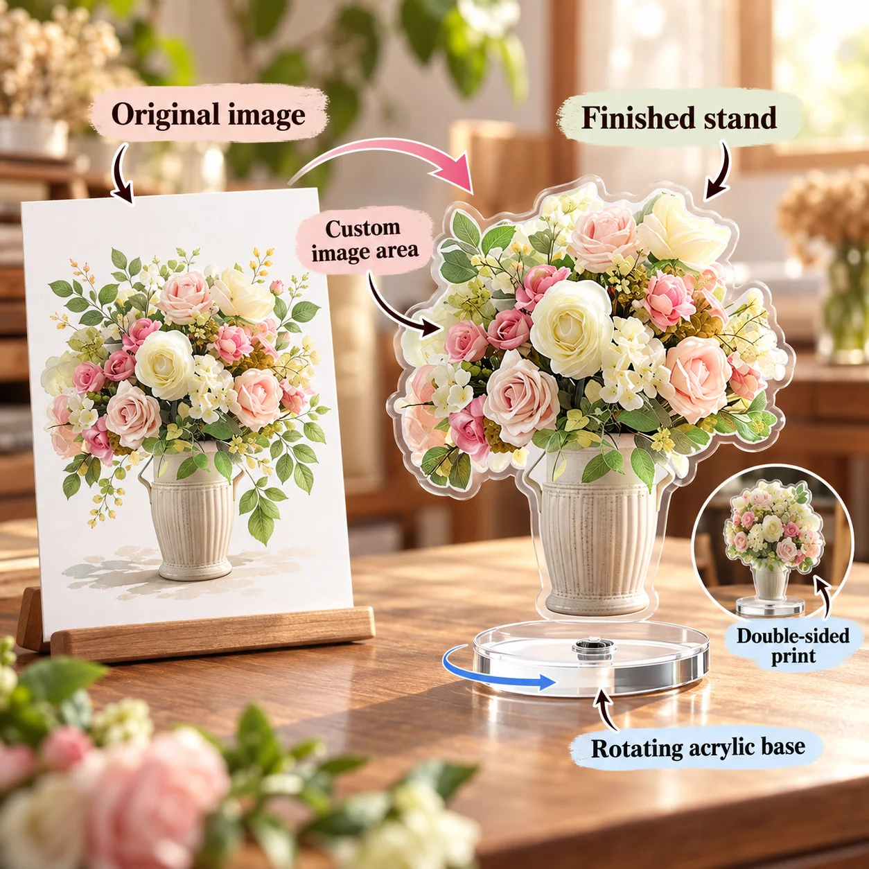 Custom Double Sided Rotating Standee Acrylic 360 Swivel Photo Frame Personalized Picture Desk Display for Home Office Decor Gift