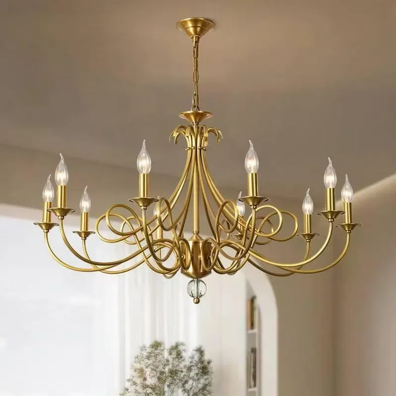 

American Village Brass Chandelier LED French Retro Living Room Restaurant Bedroom Study Villa Hotel Cafe Pendant Lamp
