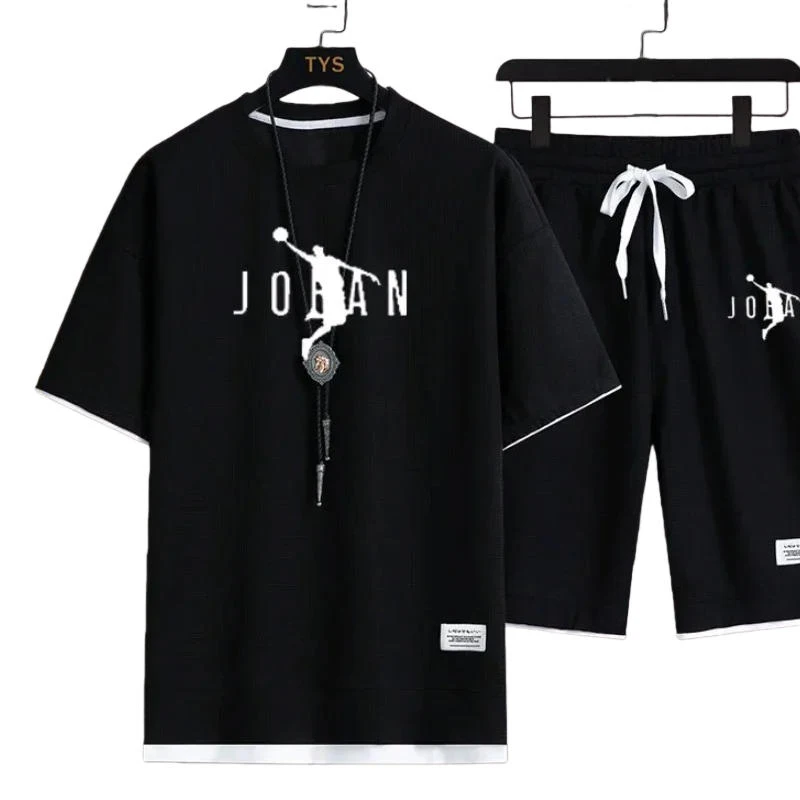 

2026 summer new casual short sleeved T-shirt+shorts two-piece set, fashionable basketball men's pullover sports suit