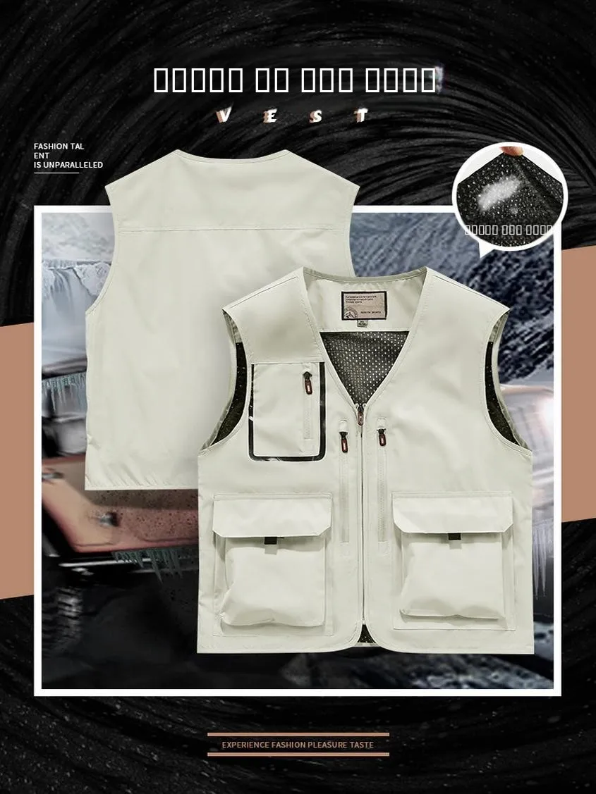 

Fall New Sle Men's Loose Casual Fiing Vest V-Ne Waterproof Multi-ket Outdoor Workwear Faion Urban Polyester Fiber
