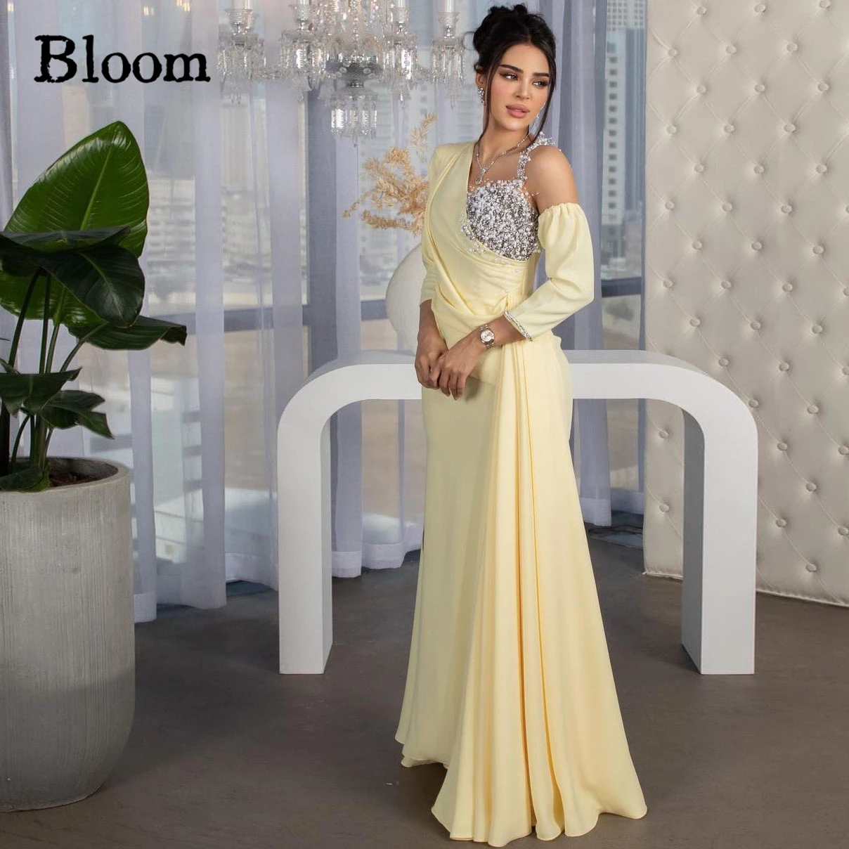 Bloom Pearls Beadings Prom Dresses Three-Quarter Sleeves Ruffle Off Shoulder Cream Yellow Evening Dresses Formal Party Gown