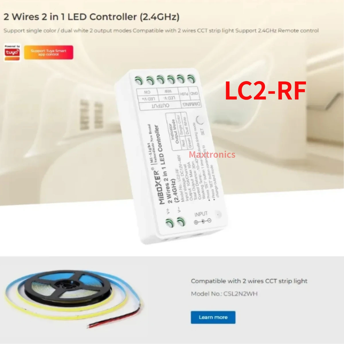 Miboxer LC2-RF/ZR 2 Wires 2in1 LED Controller (Zigbee 3.0+2.4GHz) LED Strip Controller Dimmer for Single Color CCT COB Led Strip