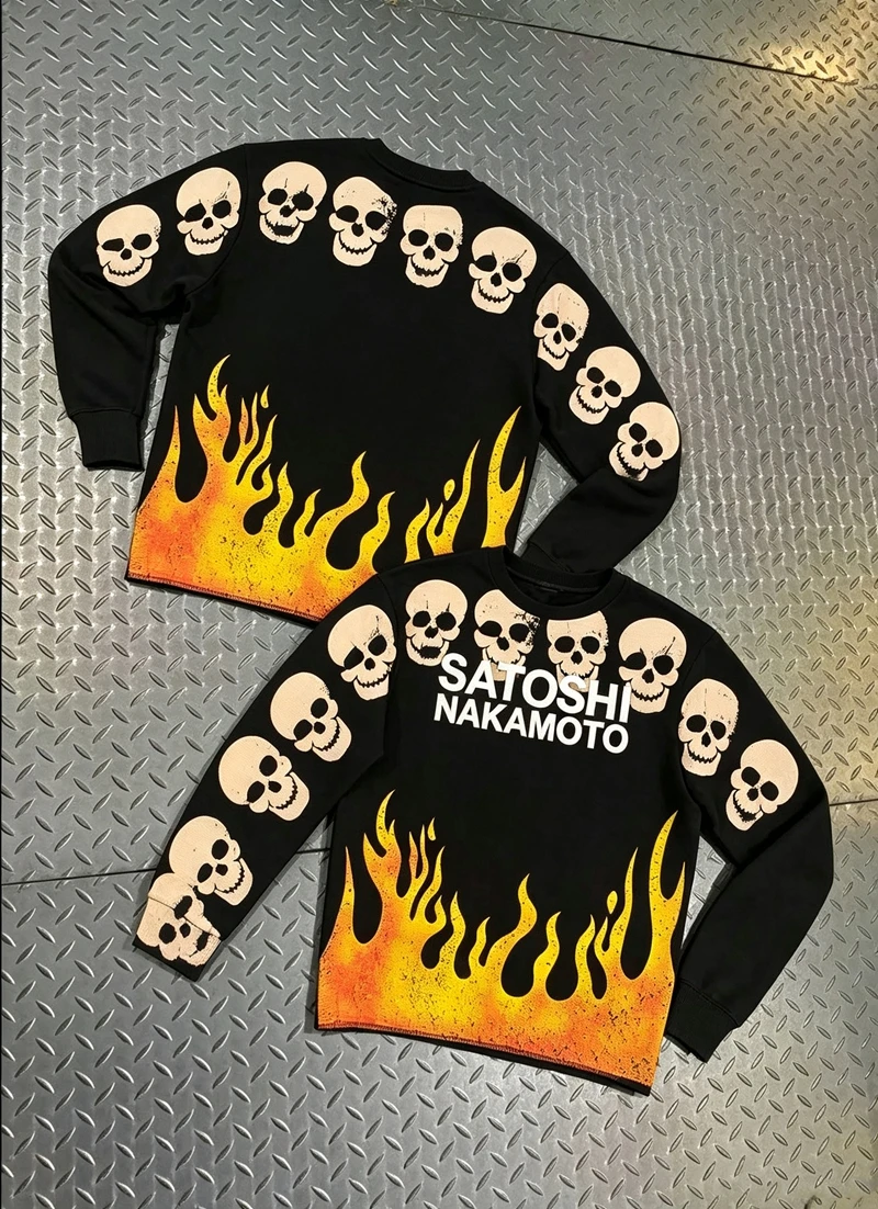Herbst-Flammen-Totenkopf bedrucktes T-Shirt für Männer, Waffel-Langarmshirt, Oversize Boxy Relaxed Fit Vintage Streetwear Sweatshirt – Detail 2