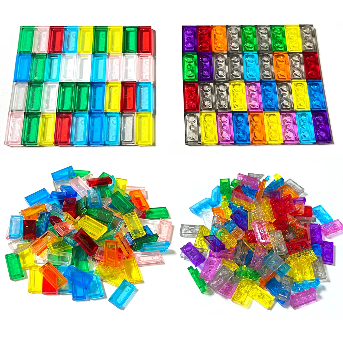 100PCS/LOT Plate1x2 Tile1x2 Transparent Building Block MOC Parts Toys For Pixel Art Compatible 3023 and 3069 Mixed Colors