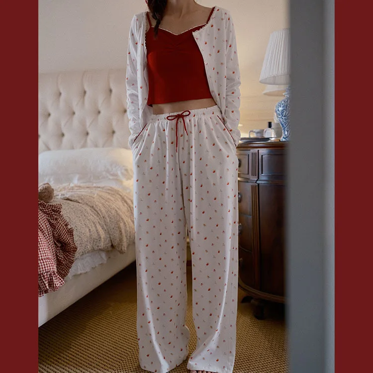 

2026 New Arrival Cotton Floral Printing Pajamas Sets Long Sleeve 3-pieces Loungewear Set Women's Pyjama For Spring Autumn Summer