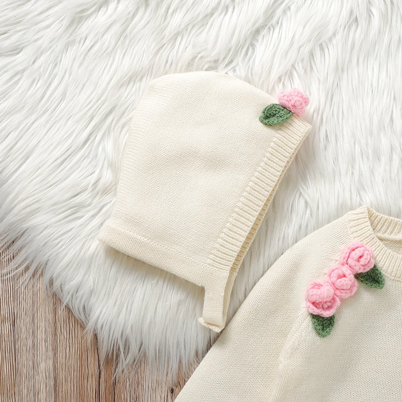 Newborn Baby Bodysuit Knit Girl Jumpsuit Outfits Long Sleeve Autumn Infant Kid Clothes Hat 2pcs 0-18M Fashion Cute 3D Floral Top