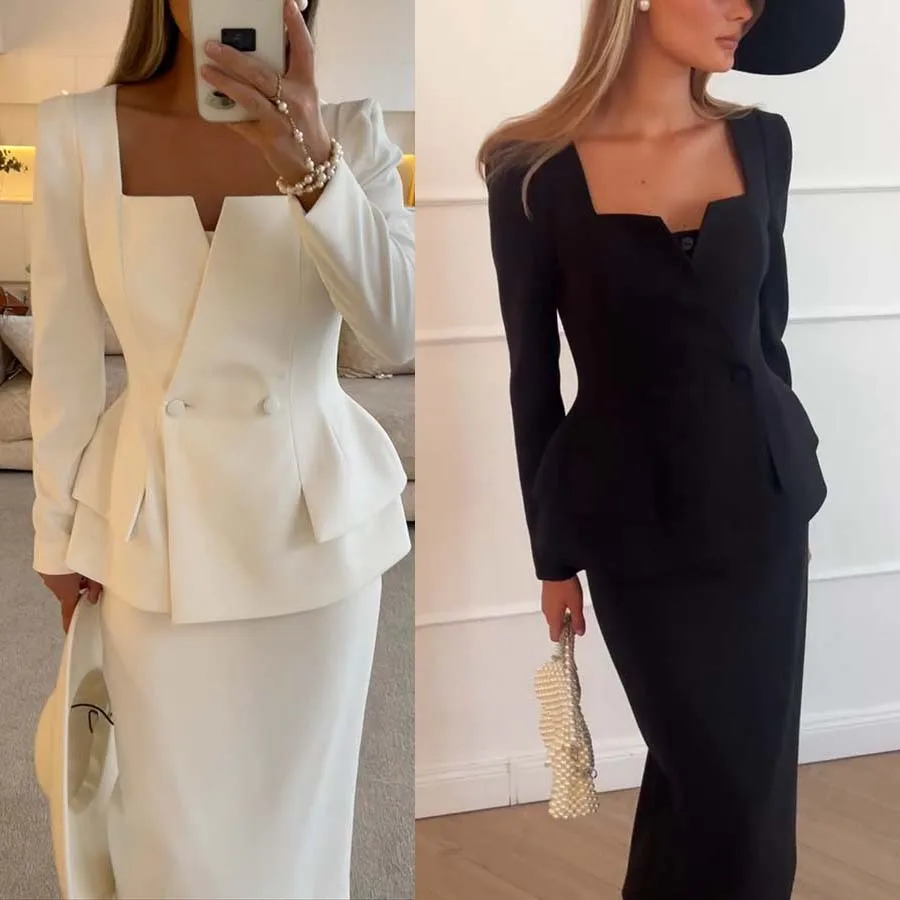 

New Women Square Neck Long Sleeved Top + Wrap Hip Skirt Sets Elegant Temperament Slim Party Suit Simple Solid Commuting Outfit