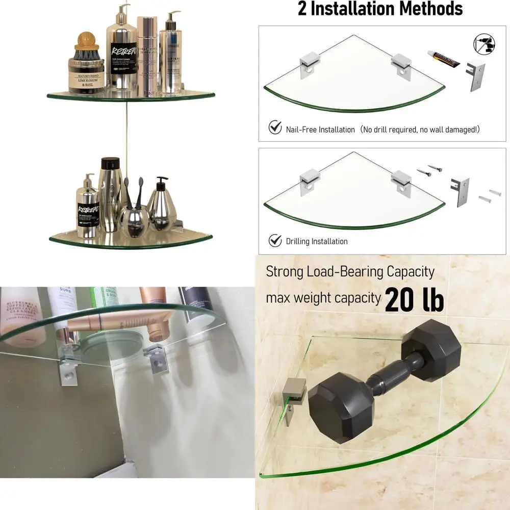 

Душевые полки из закаленного стекла: устойчивые к ржавчине алюминиевые кронштейны, без сверления для хранения в душе.
