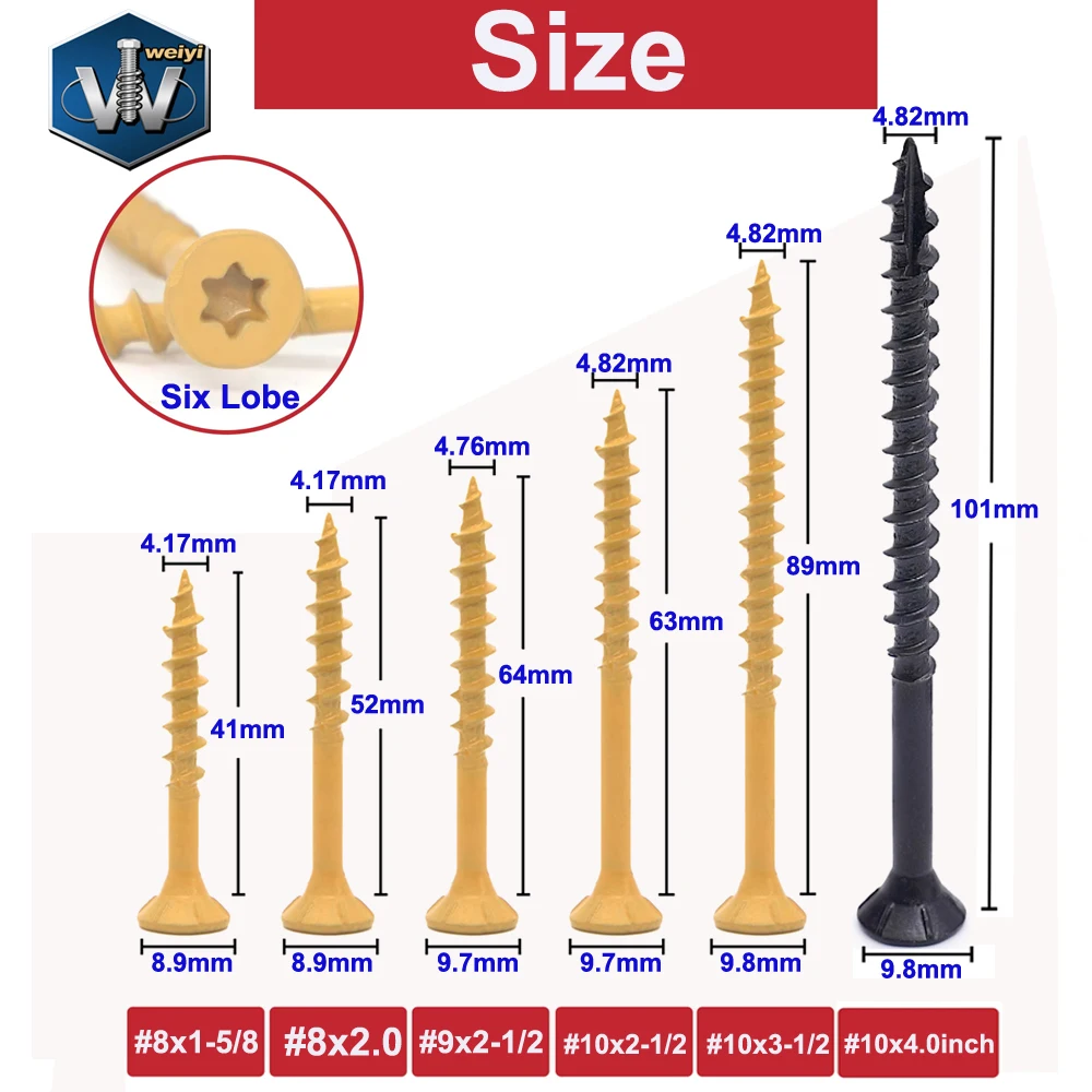Weiyi 50/100pcs Six-Lobe Torx Deck Screws #8 #10 Flat Rust Resistant Rpoxy Coated Bronze and Black Self-tapping Wood Bolts