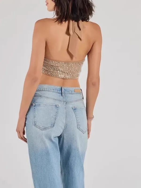 Sommer Nude Strass Mesh Neckholder Cowl-Ausschnitt Rückenfreies Crop-Top für Damen Party Club Nachtausgehens-Outfit Täglich Sexy Schlank Glitzer Y2K Damen-Oberteil – Detail 6
