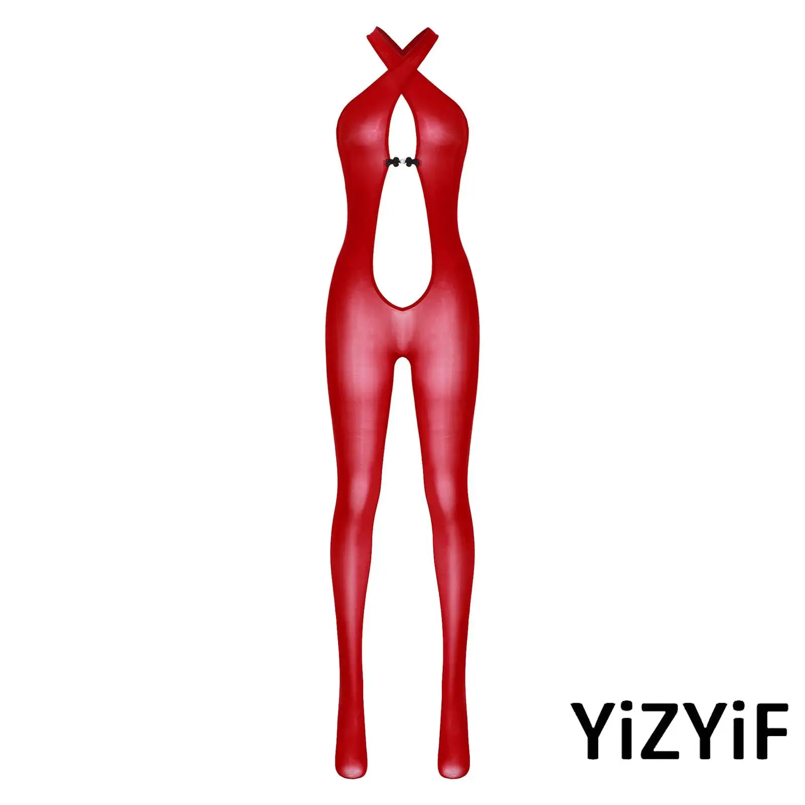 

Womens Glossy Bodysuit Plunging V Neck Sleeveless Backless Crossing Straps Footed Leggings Jumpsuit Tempting Nightwear Lingerie