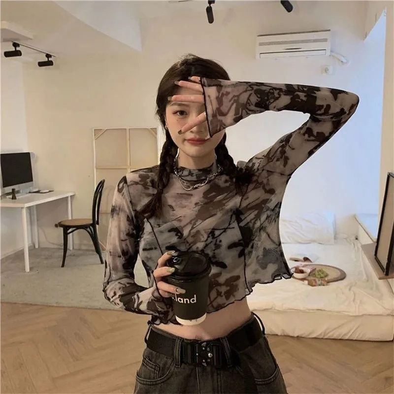 Women's tie dye printed long sleeved T-shirt, summer sun protection cut top, fashionable high street gauze, Korean chic, teenage