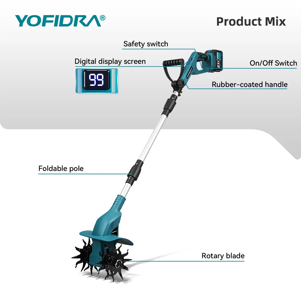 YOFIDRA 200MM Elektrische Gartenfräse Kultivator 180 ° Faltbarer Bodenfräser Rasenmäher für Makita 21V Akku – Detail 4