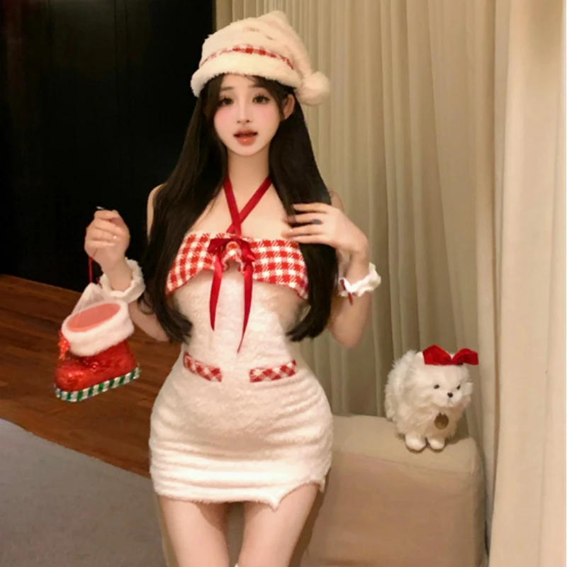 Winter Kawaii Lolita Christmas Party Dress Women Plaid Patchwork Off Shoulder Dresses Korean Fashion Sweet Plush Bodycon Dresses