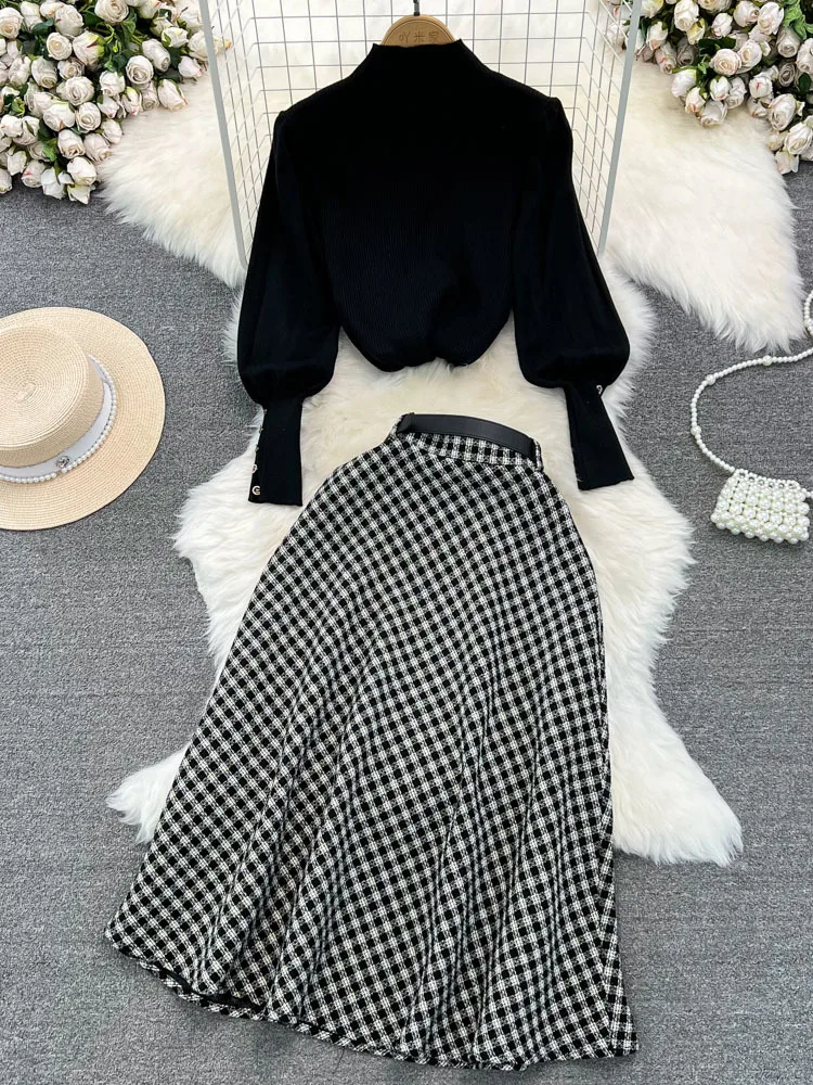 EWQ Elegant Chic Women\'s Set Lantern Long Sleeve Stand Knitted Sweater + Plaid Patchwork Skirt Suit Autumn Winter 2023 New 4078