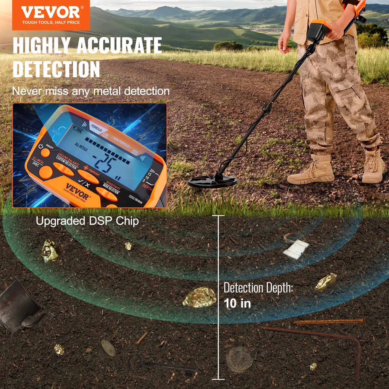 VEVOR Metal Detector, 10 Inch Waterproof Search Coil with LCD Display 7 Modes, Adjustable 41''-52'' Aluminum Stem, DSP Chip