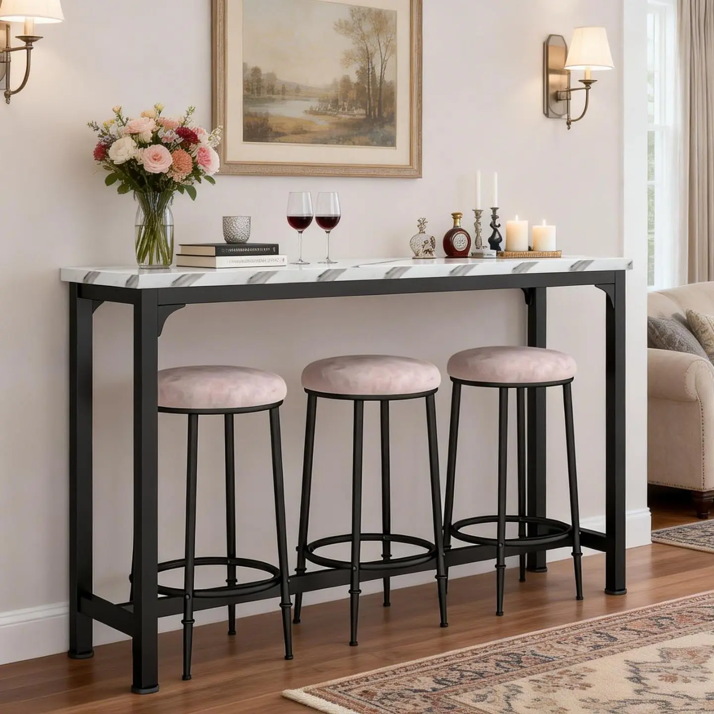 Bar Table Set for 3, 4 Piece Console Table with 3 Stools, Counter Height Kitchen Table Set with 3 Chairs for Breakfast Nook, Liv view 2