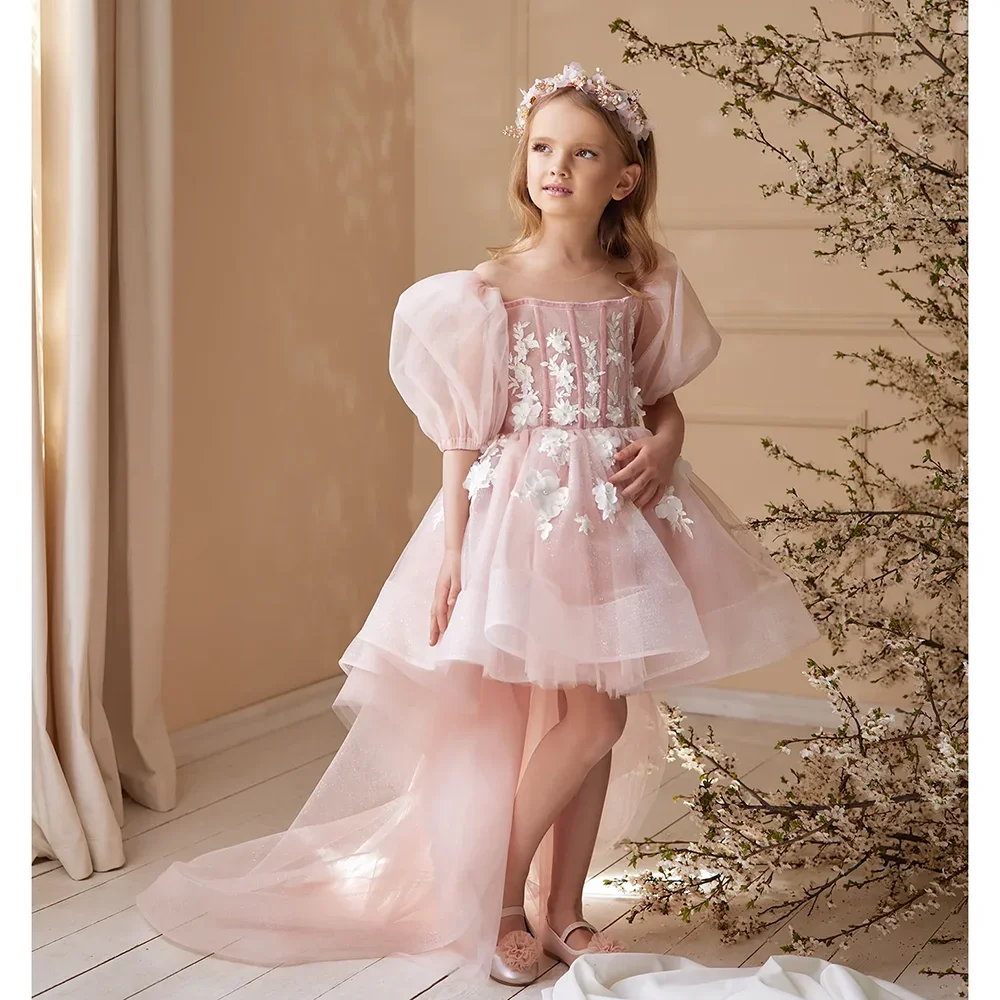 

Cute Square Collar High/Low Floral Girl Dresses Pink Sweet Pageant Party Wedding Dresses for Girls Flowers Appliques Gowns 2024