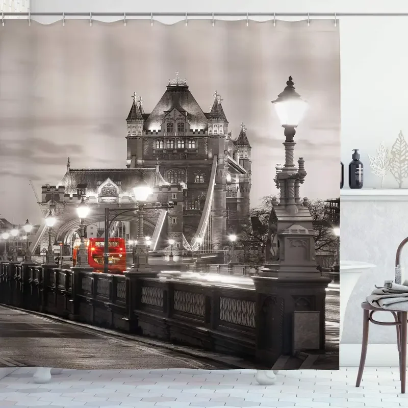 Black and White Shower Curtain London Theme Tower Bridge in The Famous City Urban Life Scenery Europe Fabric Bathroom Decor Set