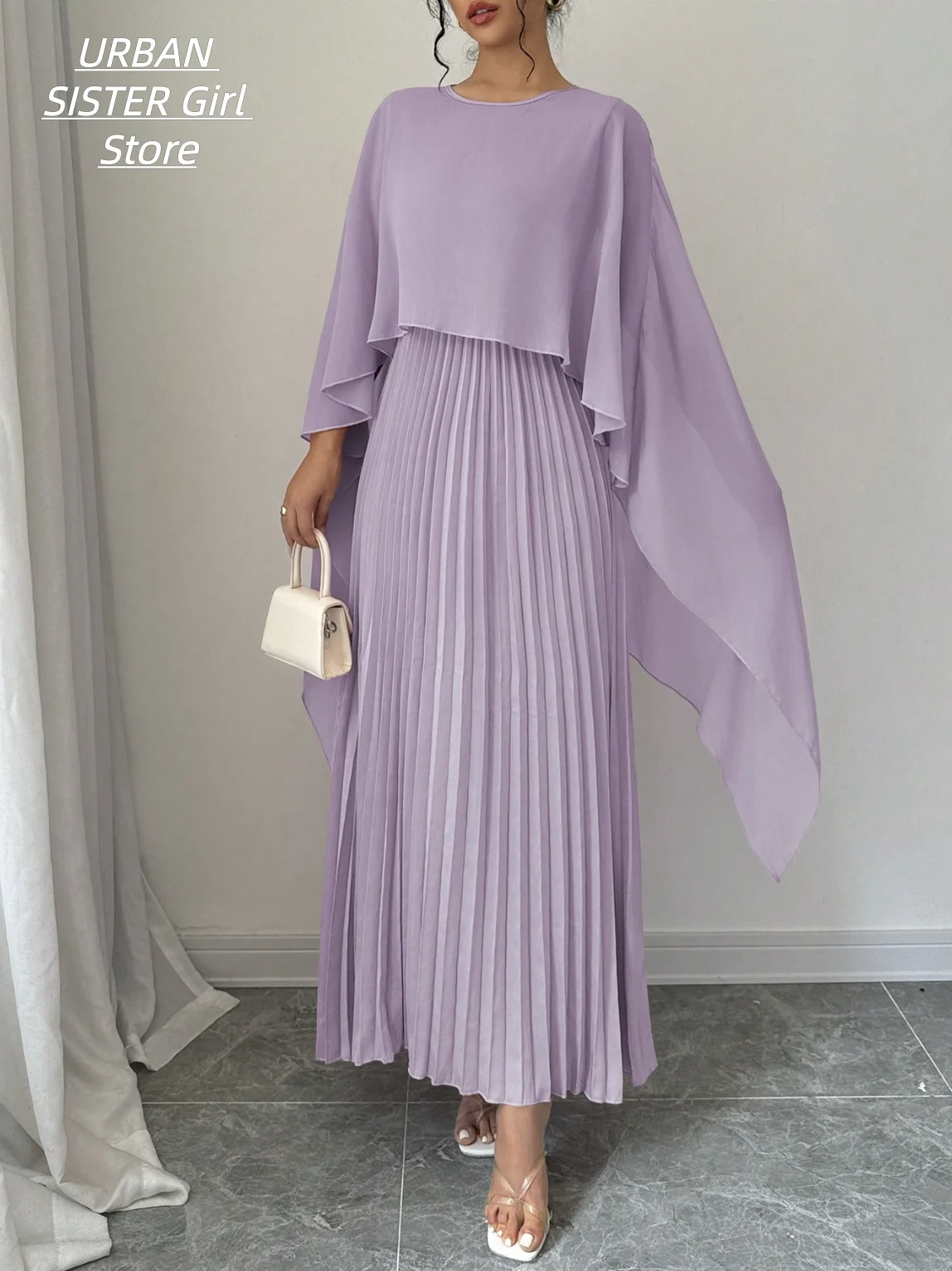 Light Purple Round-Neck Cape Shawl Long-Sleeve High-Waisted Pleated Long Dress, Gentle and Elegant Chiffon Wedding Bridesmaid Banquet Gown
