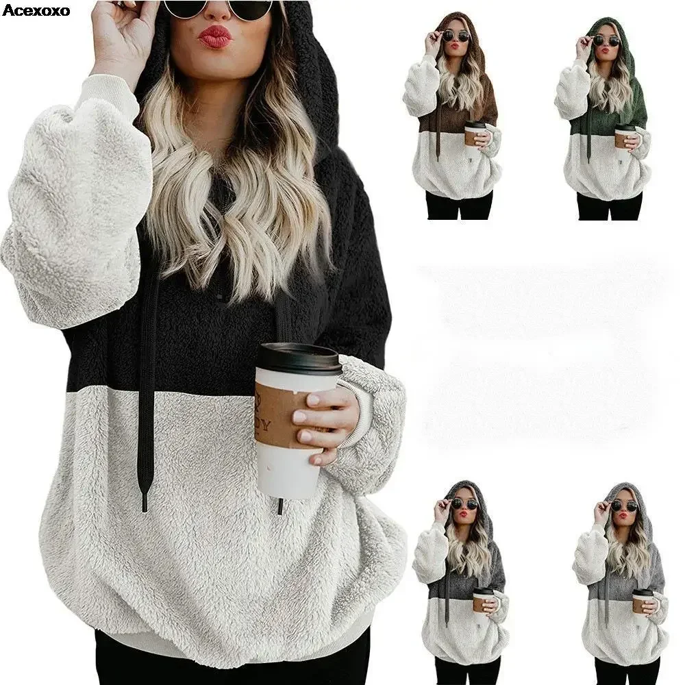 

Autumn and winter new women's fashion casual drawstring hooded splicing wool sweater