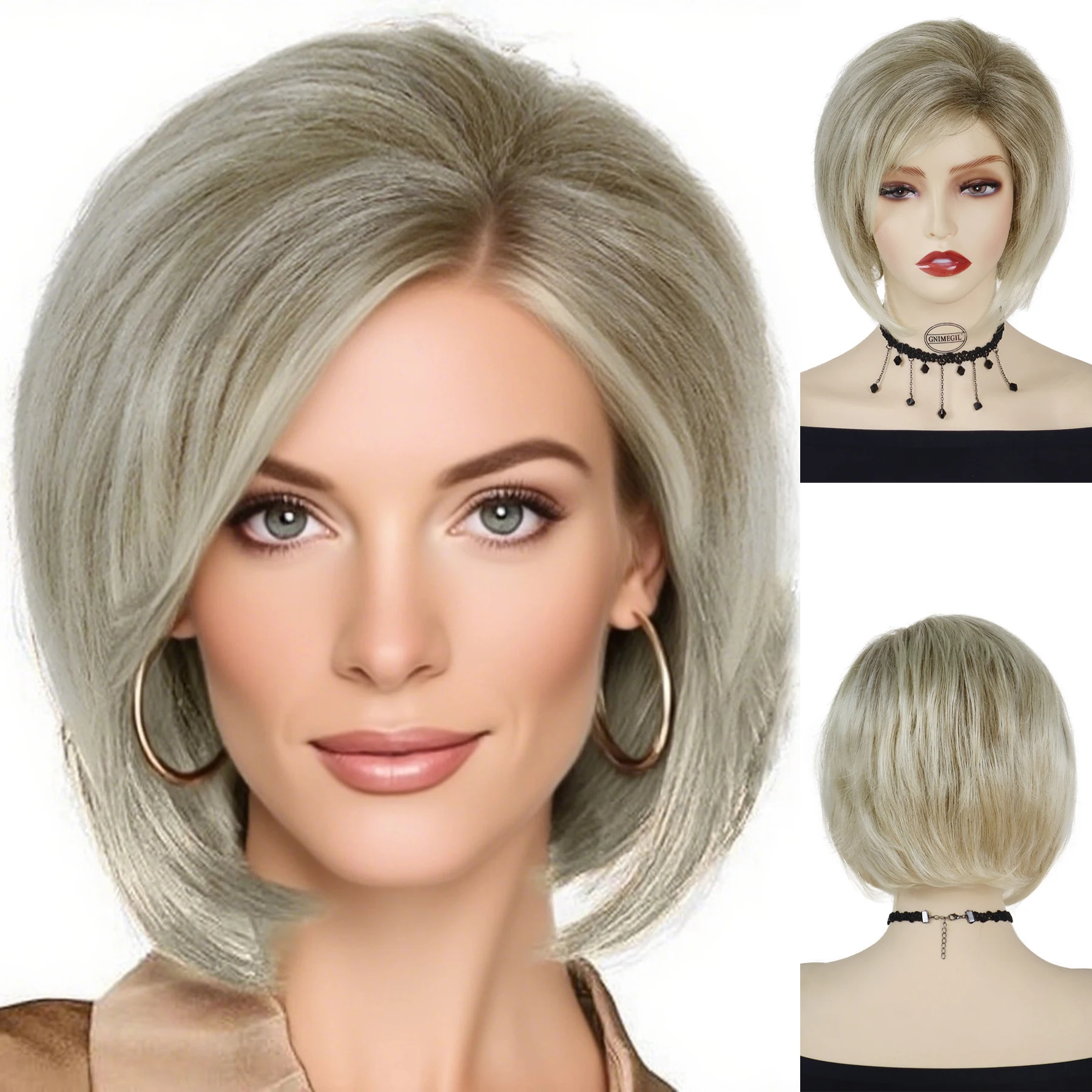 

GNIMEGIL Synthetic Short Mix Blonde Wigs for Women Straight Hair Wig Oblique Fringe Lady Wig Cosplay Halloween Costume Daily Use