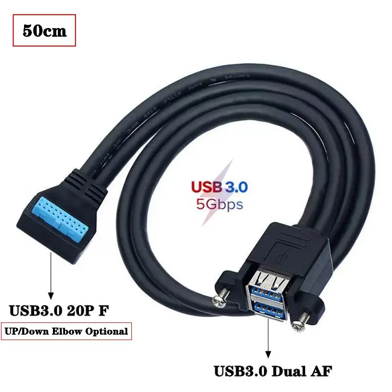 USB 3.0 Data Elbow 90 Degree 20Pin to Computer Dual A Female Head With Fixed Screw Holes, Stacked UP And Down For Rear Expansion