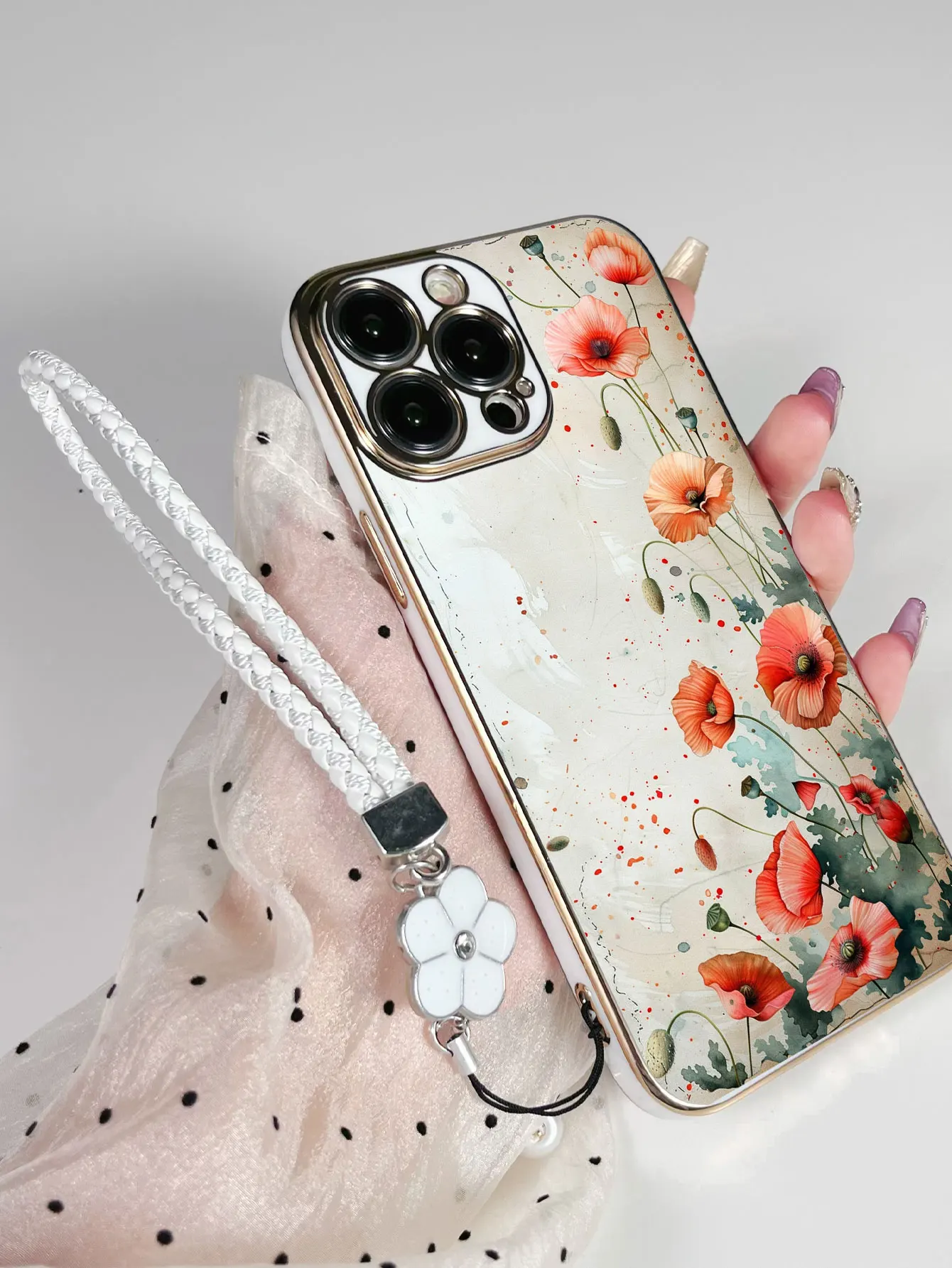 Luxury Plating Flowers Butterfly Pattern Lanyard Painted Phone Case For iPhone 17 14 13 Pro Max 16 15 Plus Protective Back Cover