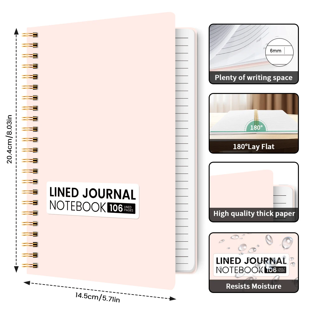 1Pc Lined Spiral Journal Notebook, 106 Pages, College Ruled Hardcover Notebook for Work & Note Taking, Journals for Writing, A5